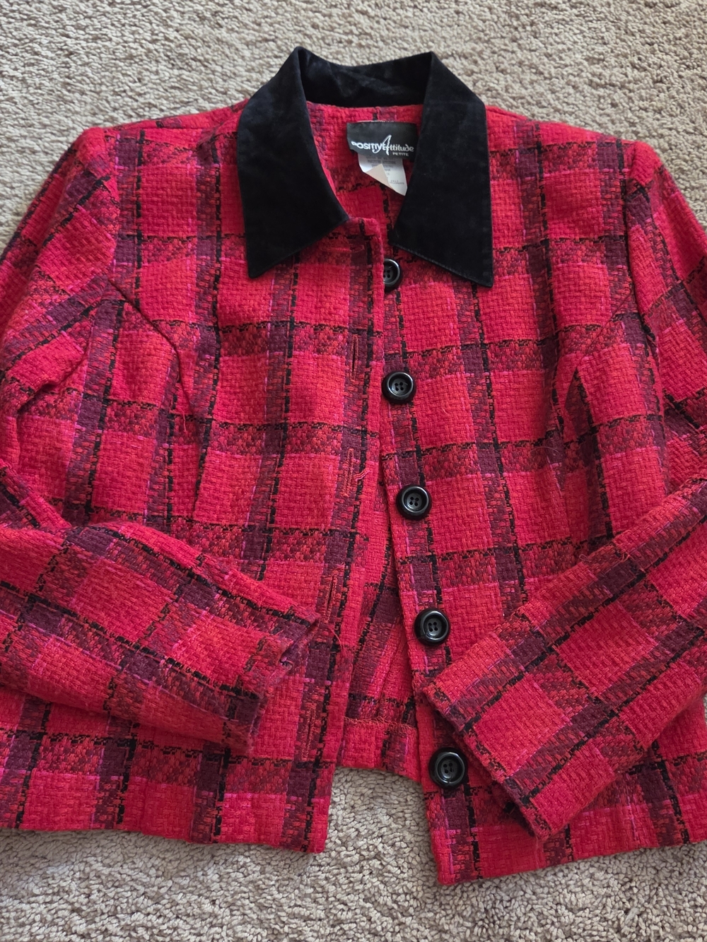Positive Attitude Red Plaid Tweed Jacket with Black Collar
